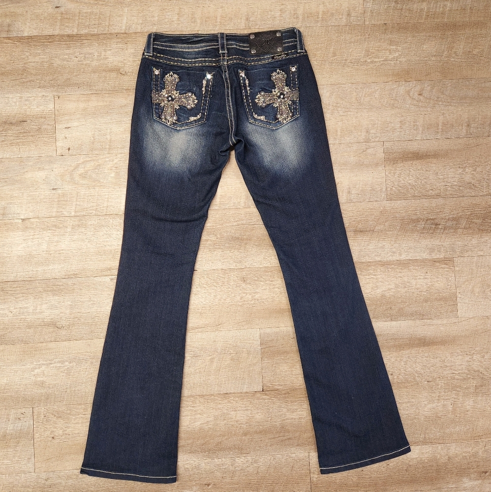 Miss Me Embellished Cross Straight Rise Boot Cut Jeans - Sz 29, Inseam 33"